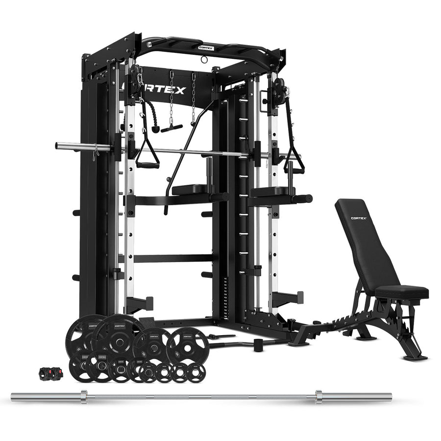 CORTEX SM-26 6-In-1 Power Rack with Smith & Cable Machine + BN-9 Bench + 100Kg Olympic Tri-Grip Weight Plate & Barbell Package