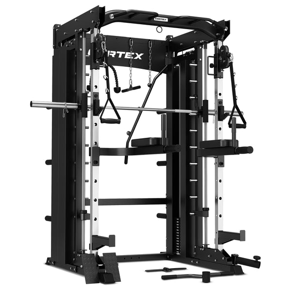 CORTEX SM-26 6-in-1 Power Rack with Dual Stack Smith & Cable Machine + Jammer Arms + 2x 30kg Weights Add On + BN-9 Bench + Ultimate Olympic Bumper Weight Plate & Barbell Package