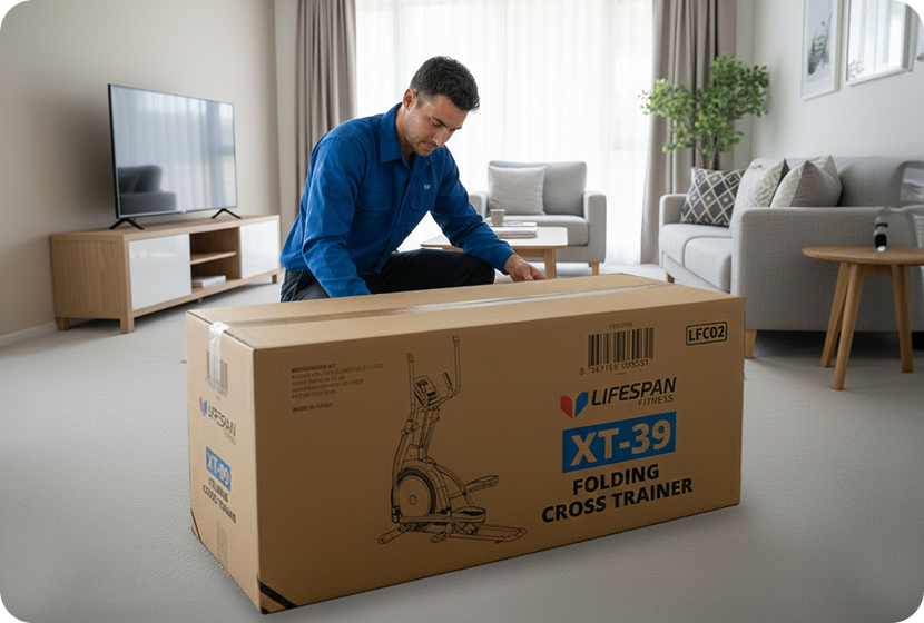 Unboxing the XT-39 Folding Cross Trainer from Lifespan Fitness in a stylish home environment.
